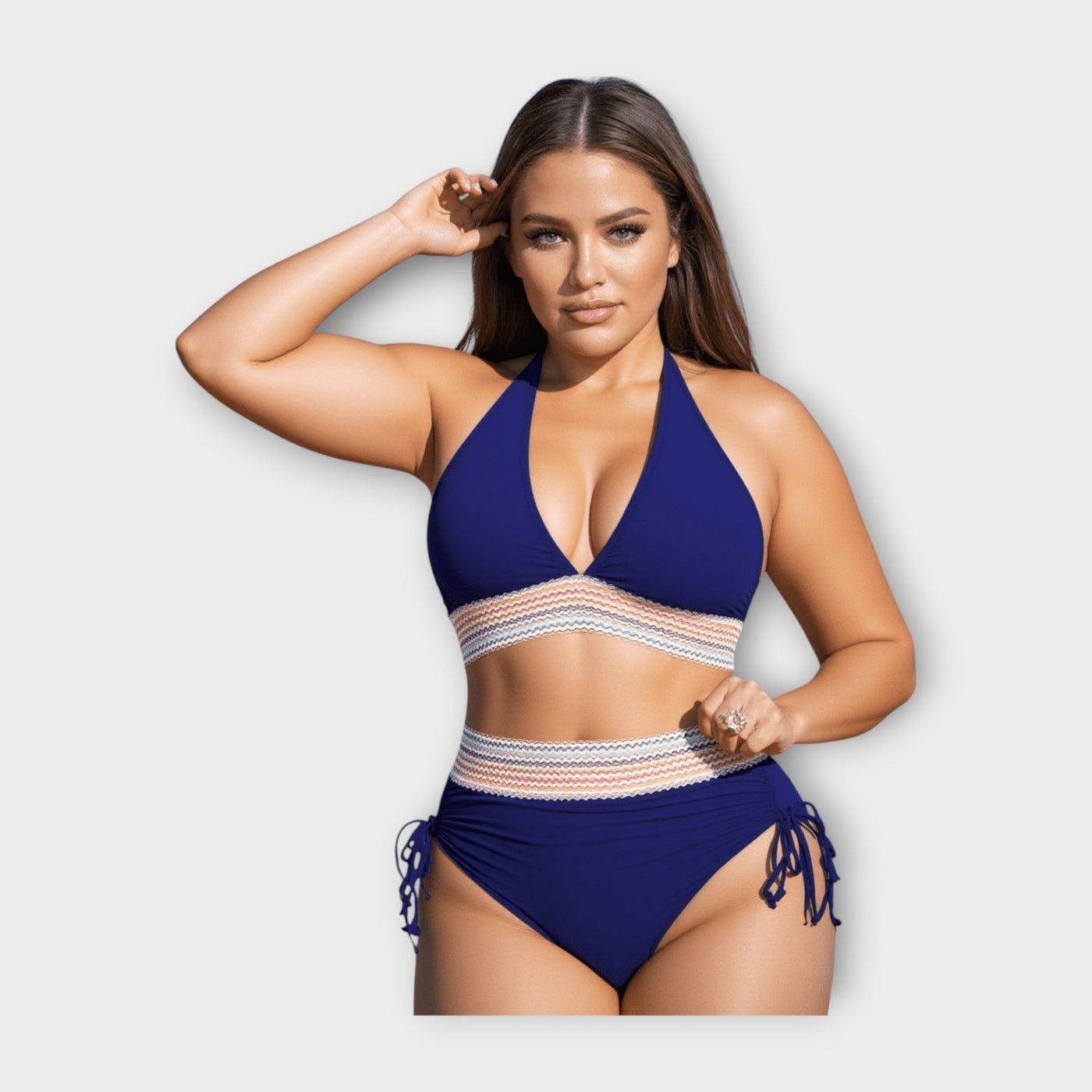 Kötött részletekkel ellátott bikini, magas derekú alsóval