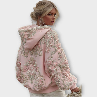 Luxusgyöngyökkel díszített rózsaszín couture kapucnis pulóver