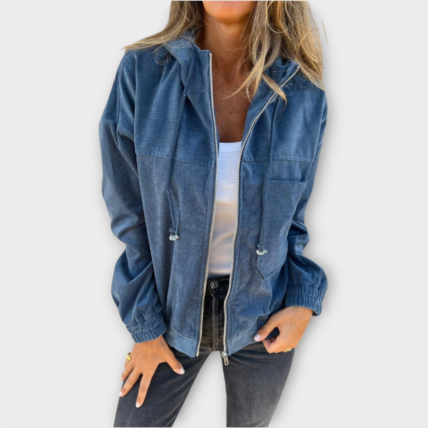 Kényelmes, laza cipzáras kapucnis dzseki