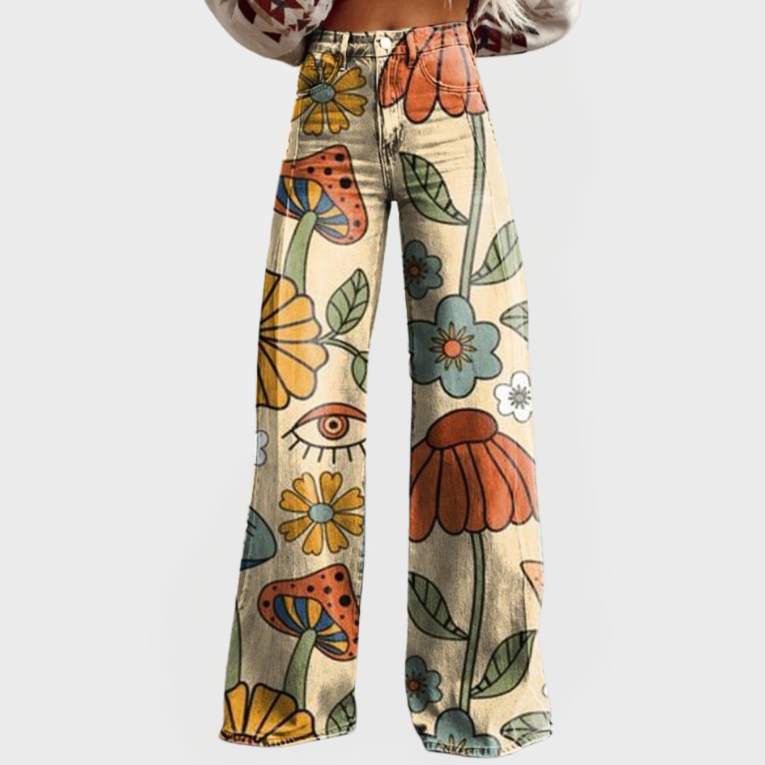 Széles Szárú Farmer Nadrág Retro Virágmintával