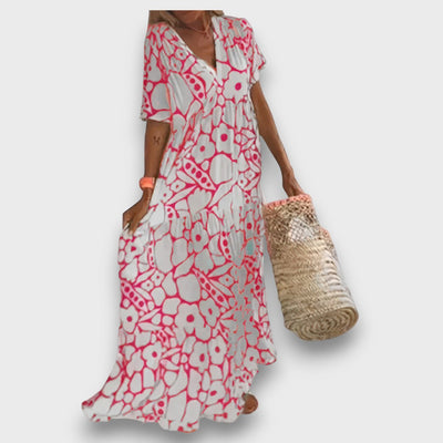 Hosszú Ruha Virágmintával és Gombokkal