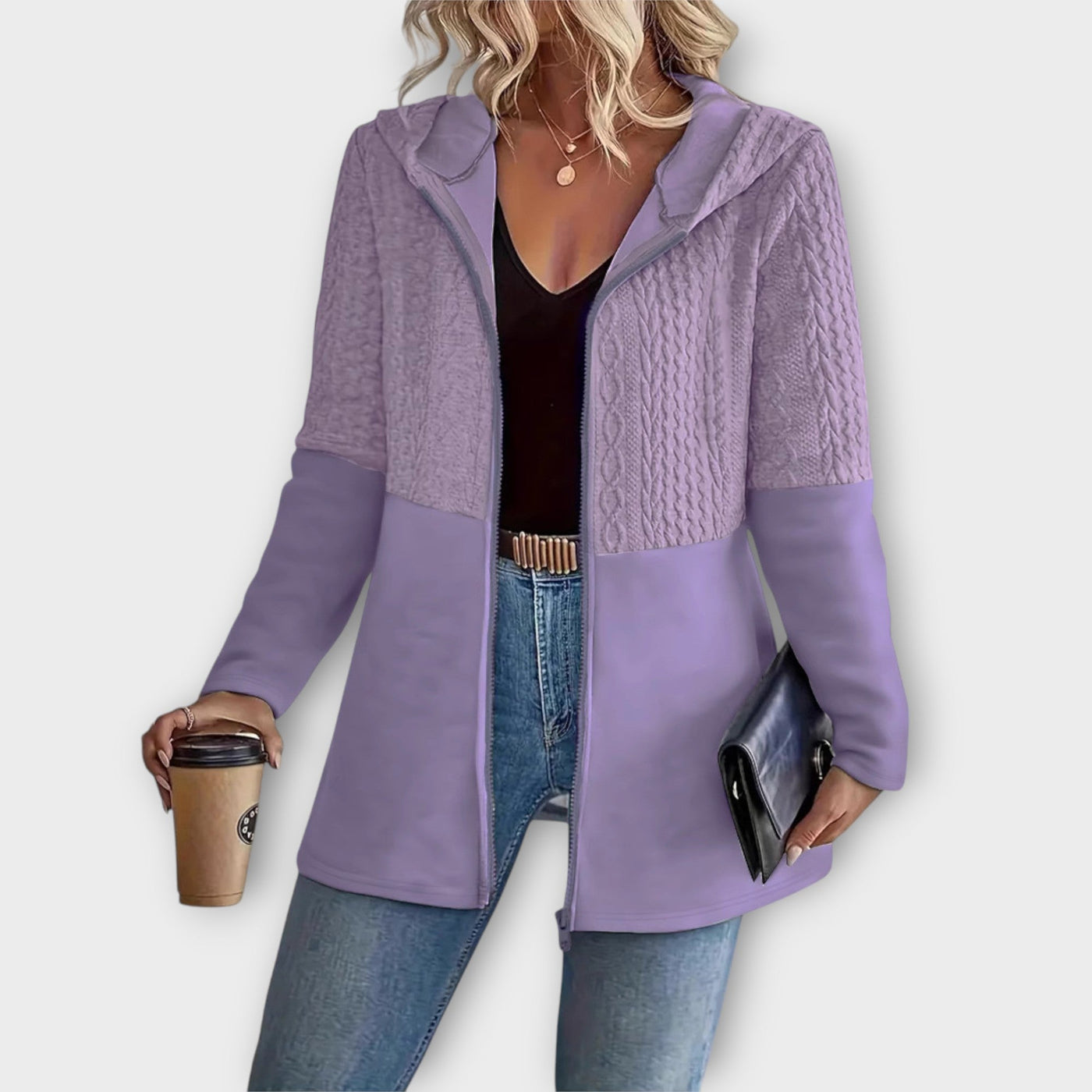 Texturált Cipzáras Kapucnis Kardigán