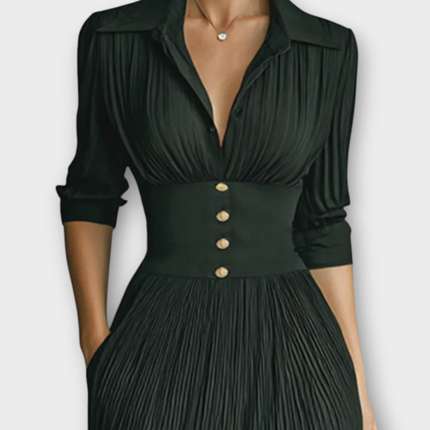 Elegáns Plisszírozott Revere Derékbőséges Hosszú Ujjú Maxi Ruha