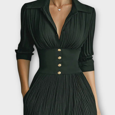 Elegáns Plisszírozott Revere Derékbőséges Hosszú Ujjú Maxi Ruha