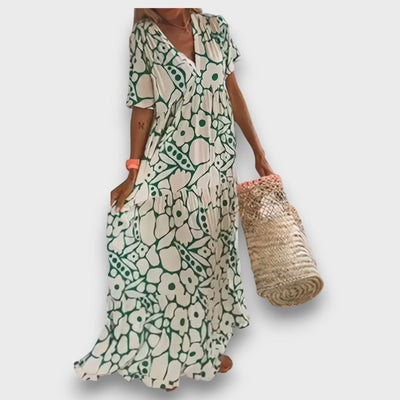 Hosszú Ruha Virágmintával és Gombokkal