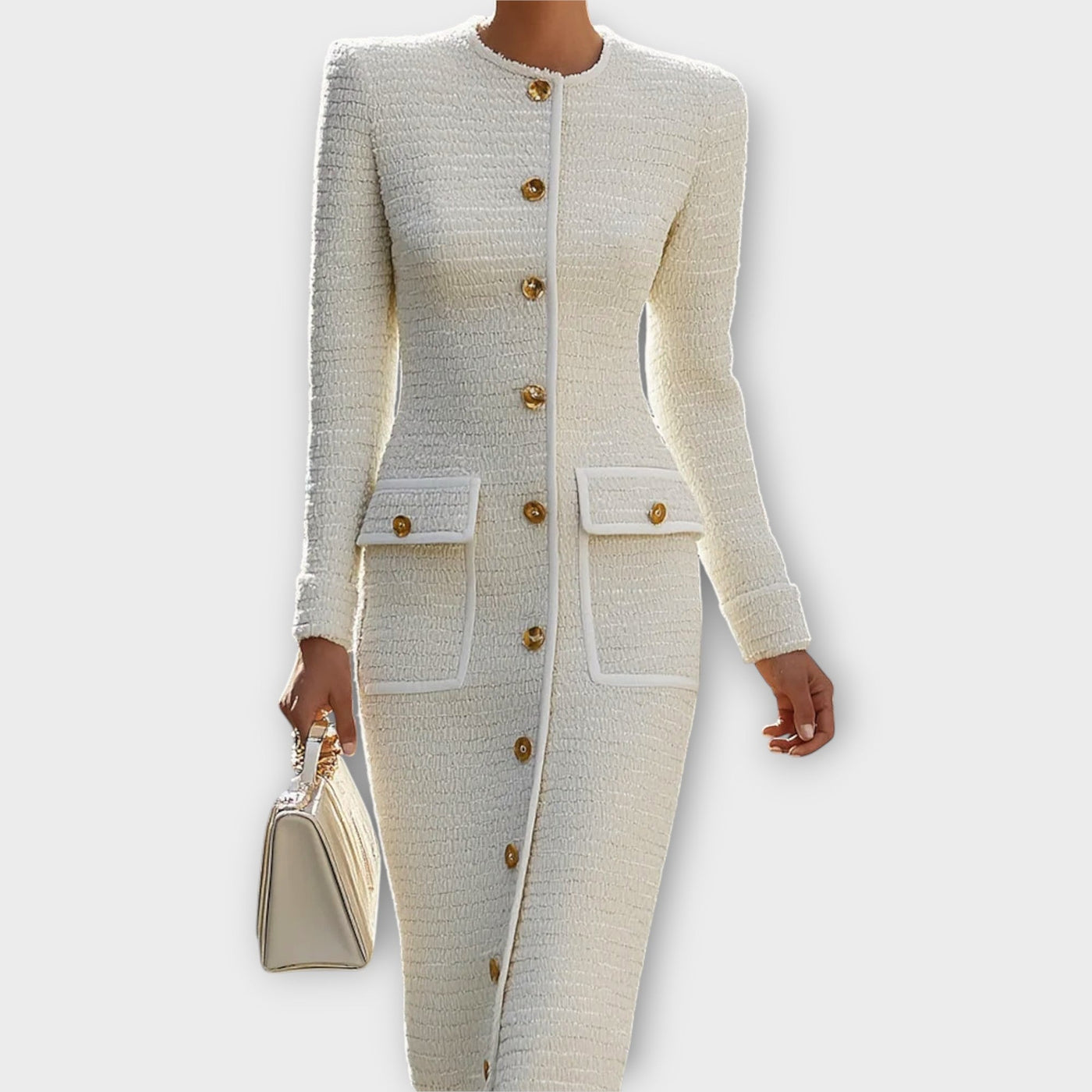 Elegáns Gombos Elülső Tweed Midi Ruha