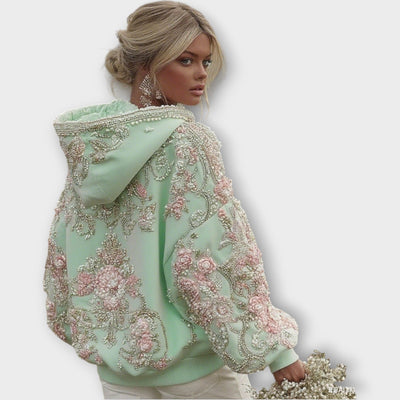 Luxusgyöngyökkel díszített rózsaszín couture kapucnis pulóver