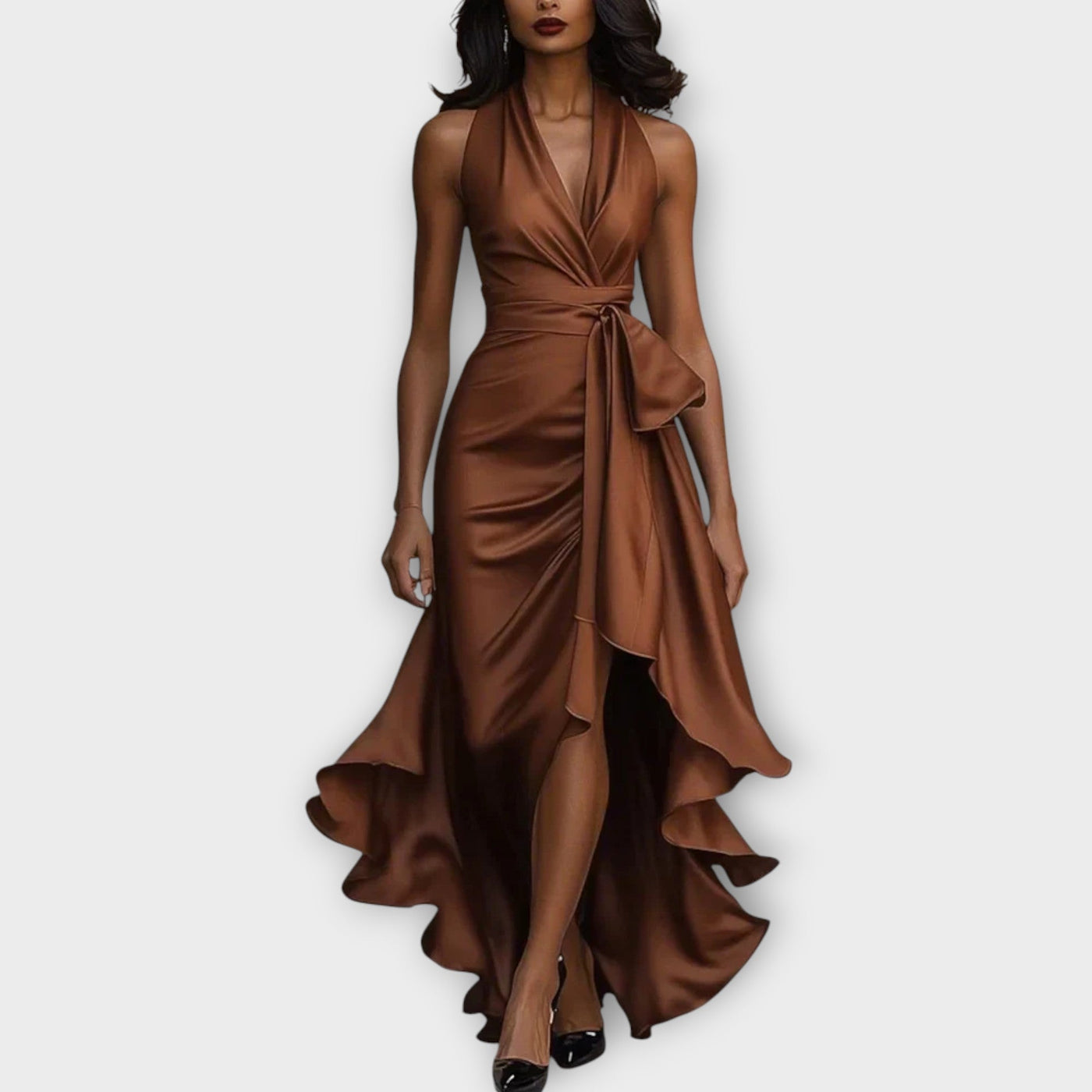 Szatén Nyakpántos Ruha Drapéros Derékkal