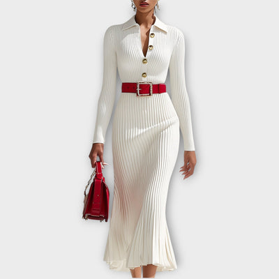 Elegáns bordázott kötött midi ruha arany gomb részletekkel