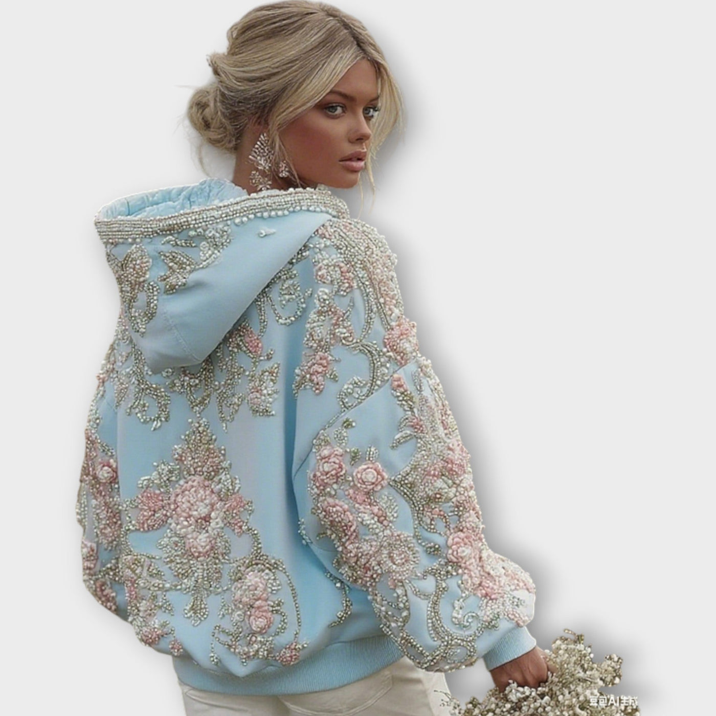 Luxusgyöngyökkel díszített rózsaszín couture kapucnis pulóver