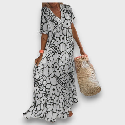 Hosszú Ruha Virágmintával és Gombokkal