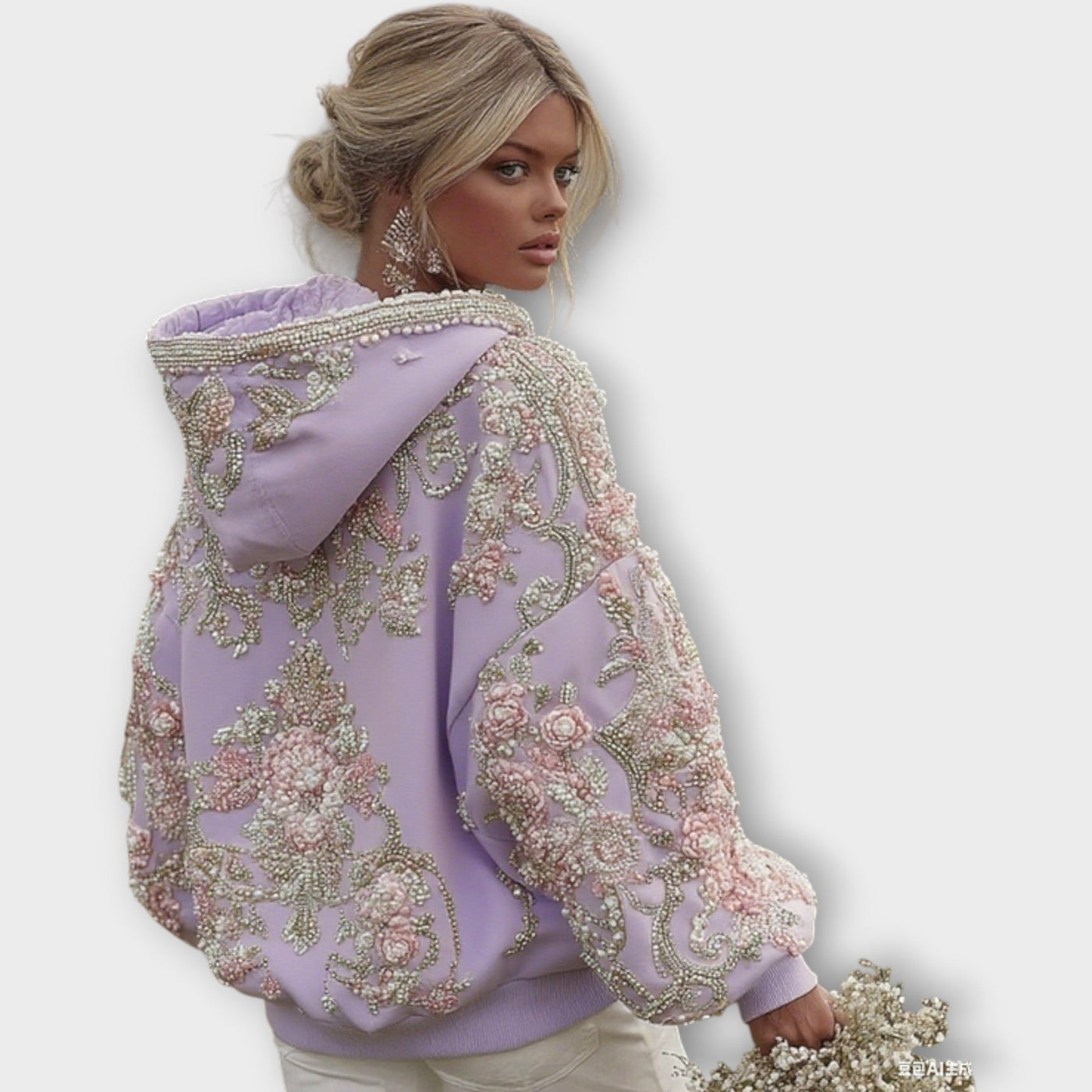 Luxusgyöngyökkel díszített rózsaszín couture kapucnis pulóver