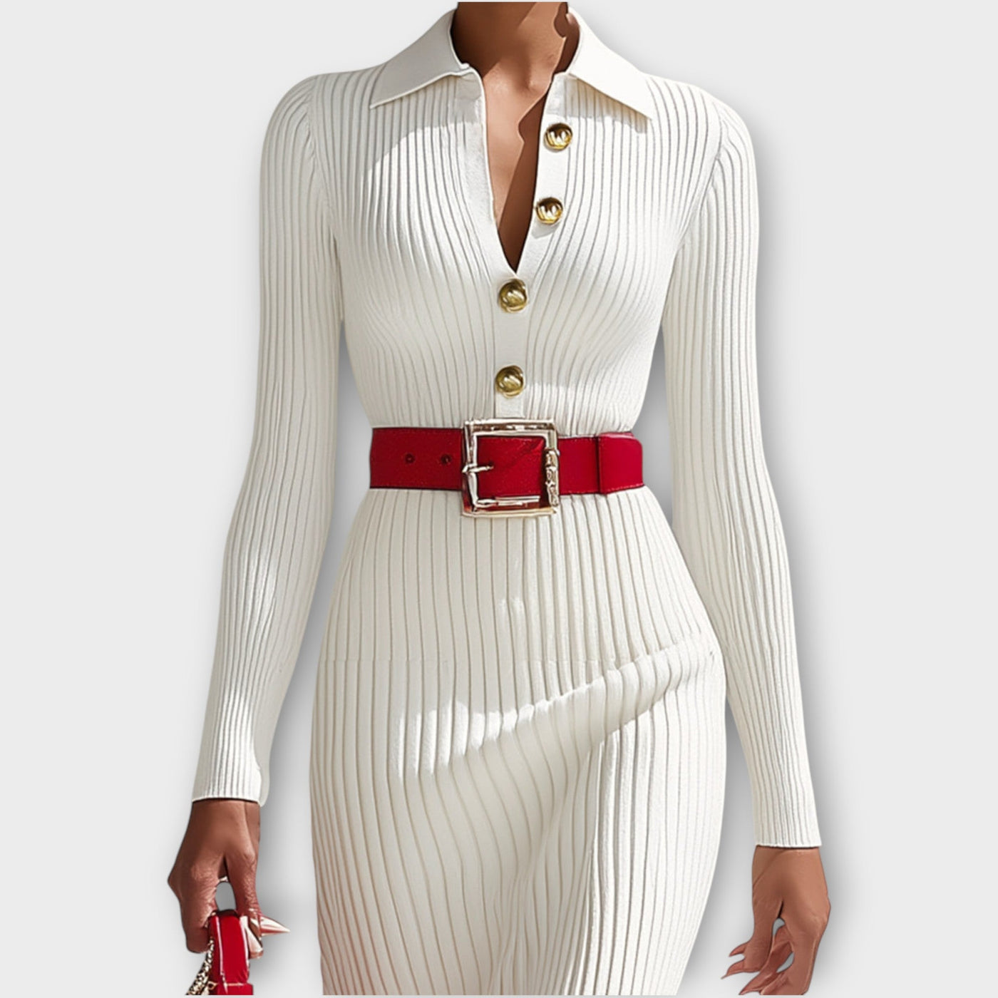 Elegáns bordázott kötött midi ruha arany gomb részletekkel