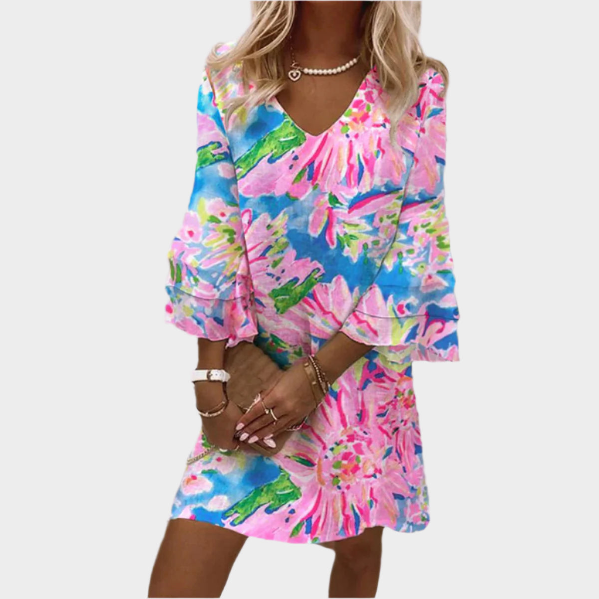 Elegáns Rózsaszín Mini Ruha Ívelt Ujjakkal