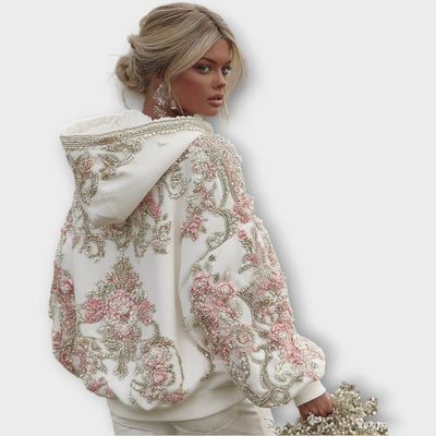 Luxusgyöngyökkel díszített rózsaszín couture kapucnis pulóver