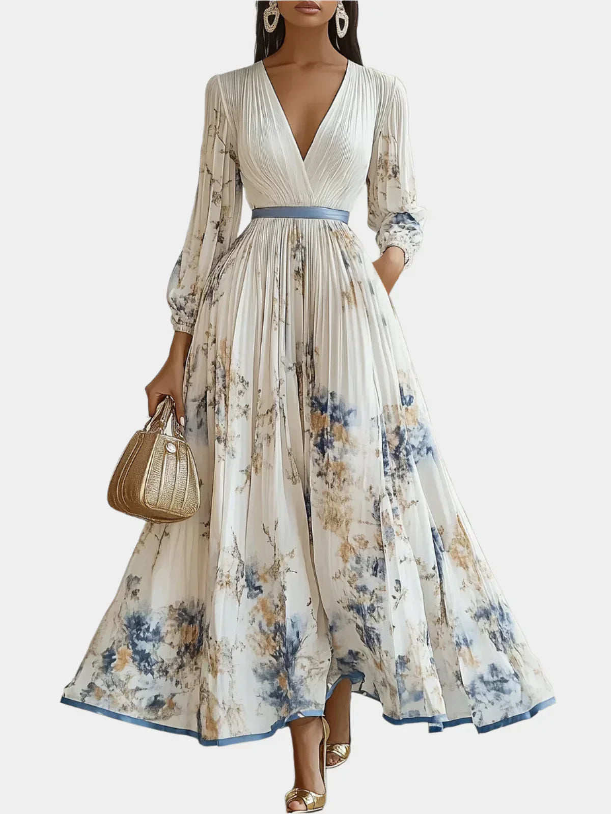 Hosszú Ruha Puffos Ujjakkal és V-nyakkal