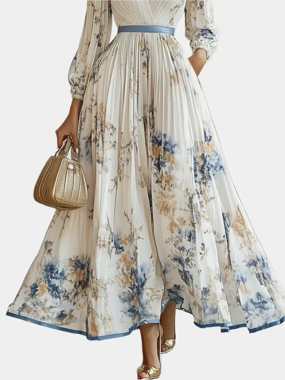 Hosszú Ruha Puffos Ujjakkal és V-nyakkal