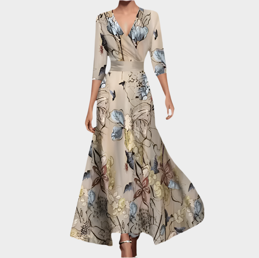 Hosszú Virágmintás Ruha V-nyakkal
