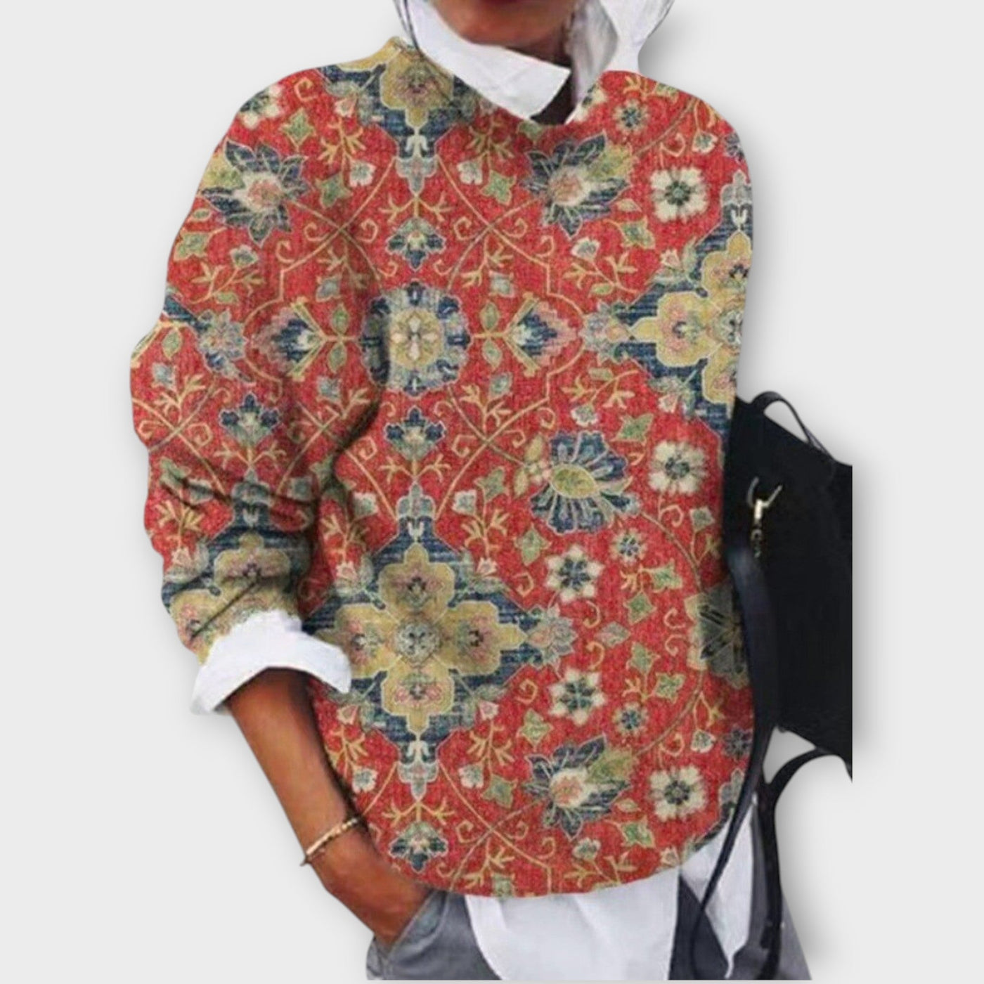 Elegáns Mintás Pulóver Művészi Részletekkel