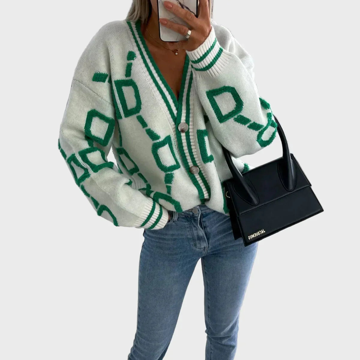 Modern kötött gilet geometrikus mintával