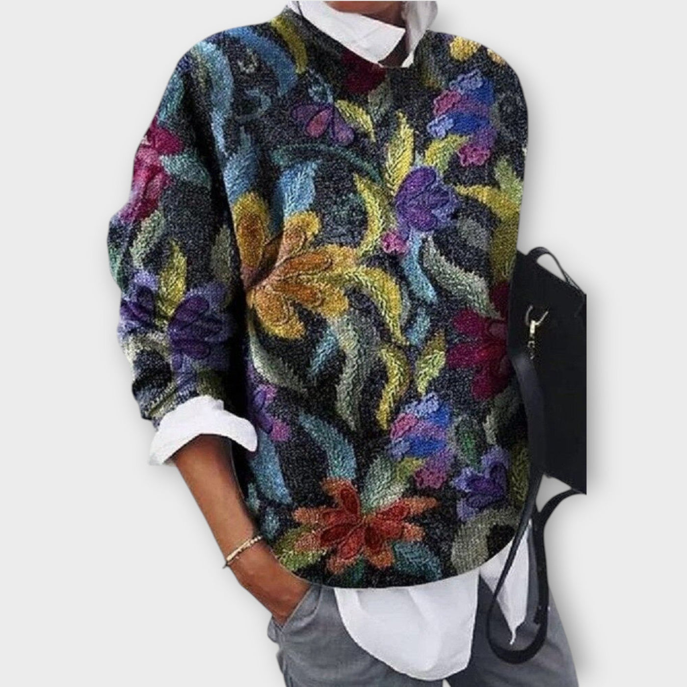 Elegáns Mintás Pulóver Művészi Részletekkel