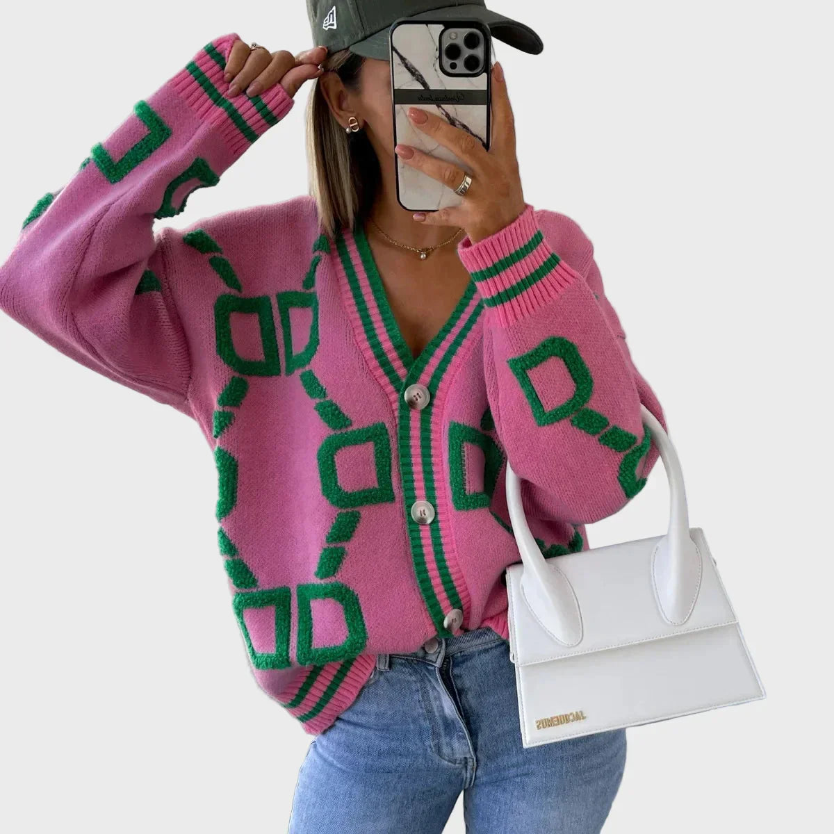 Modern kötött gilet geometrikus mintával