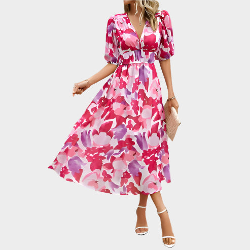 Elegáns Midi Ruha Puff Ujjakkal