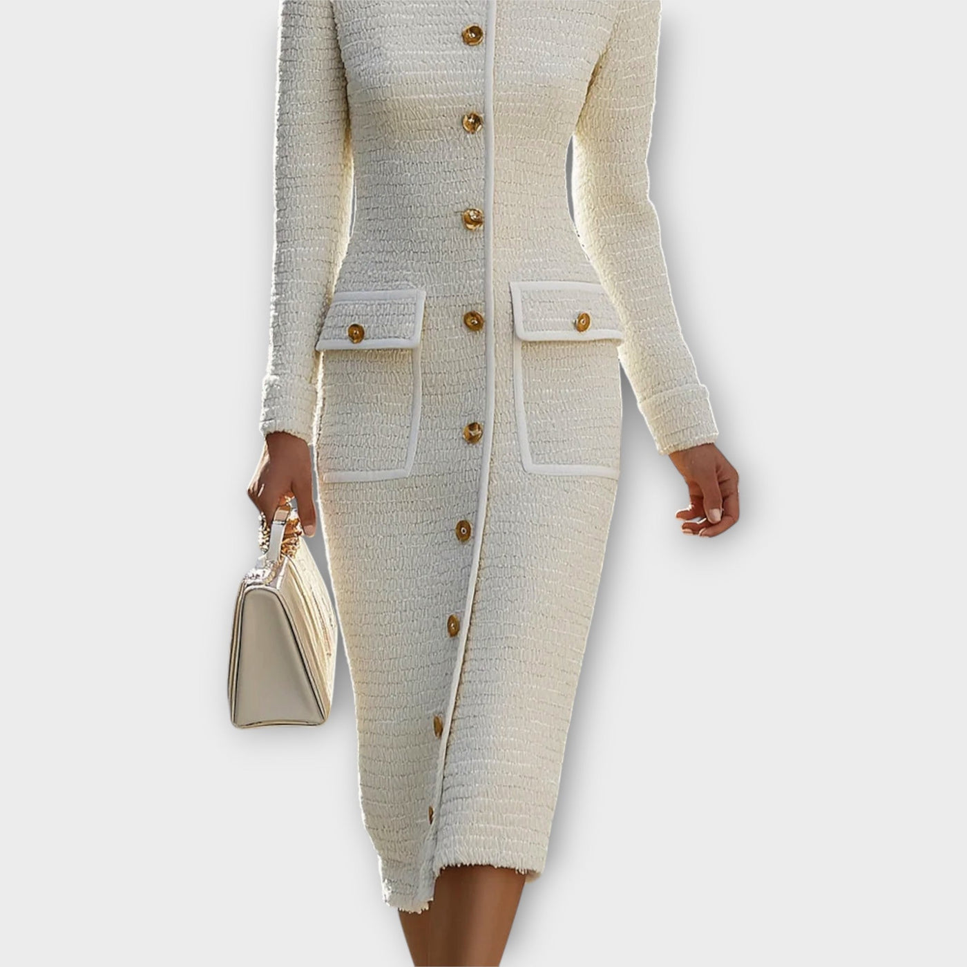 Elegáns Gombos Elülső Tweed Midi Ruha