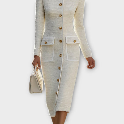 Elegáns Gombos Elülső Tweed Midi Ruha