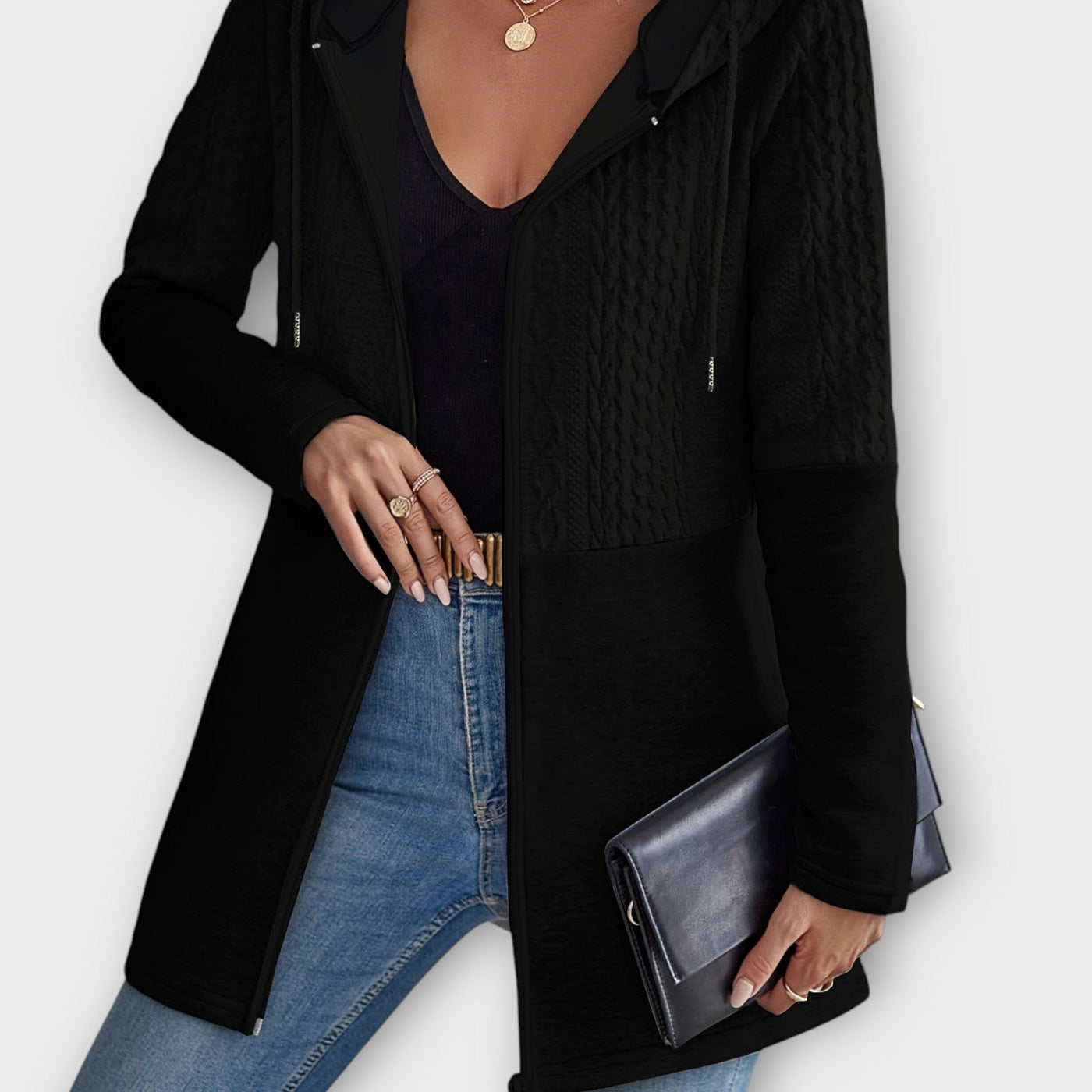 Texturált Cipzáras Kapucnis Kardigán