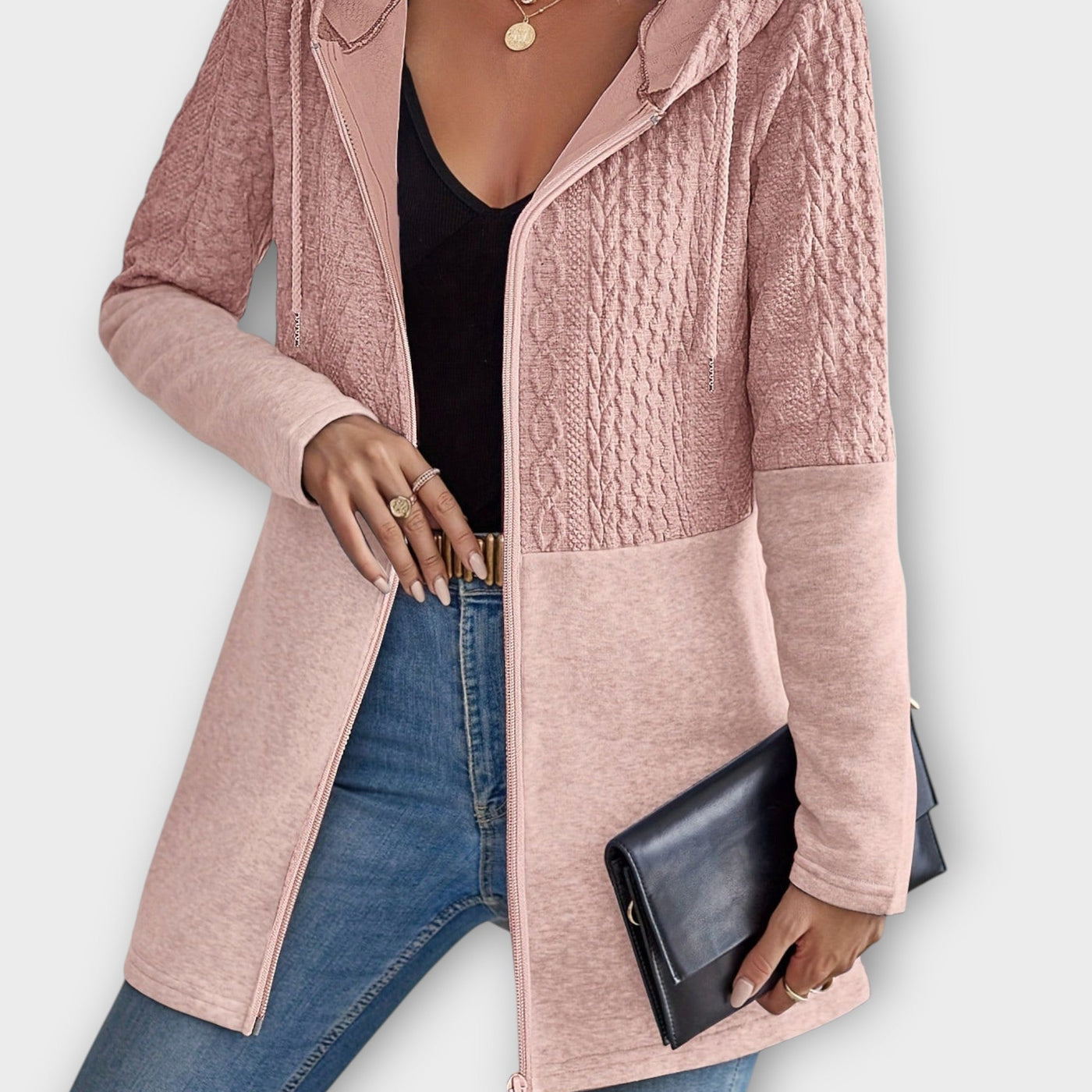 Texturált Cipzáras Kapucnis Kardigán