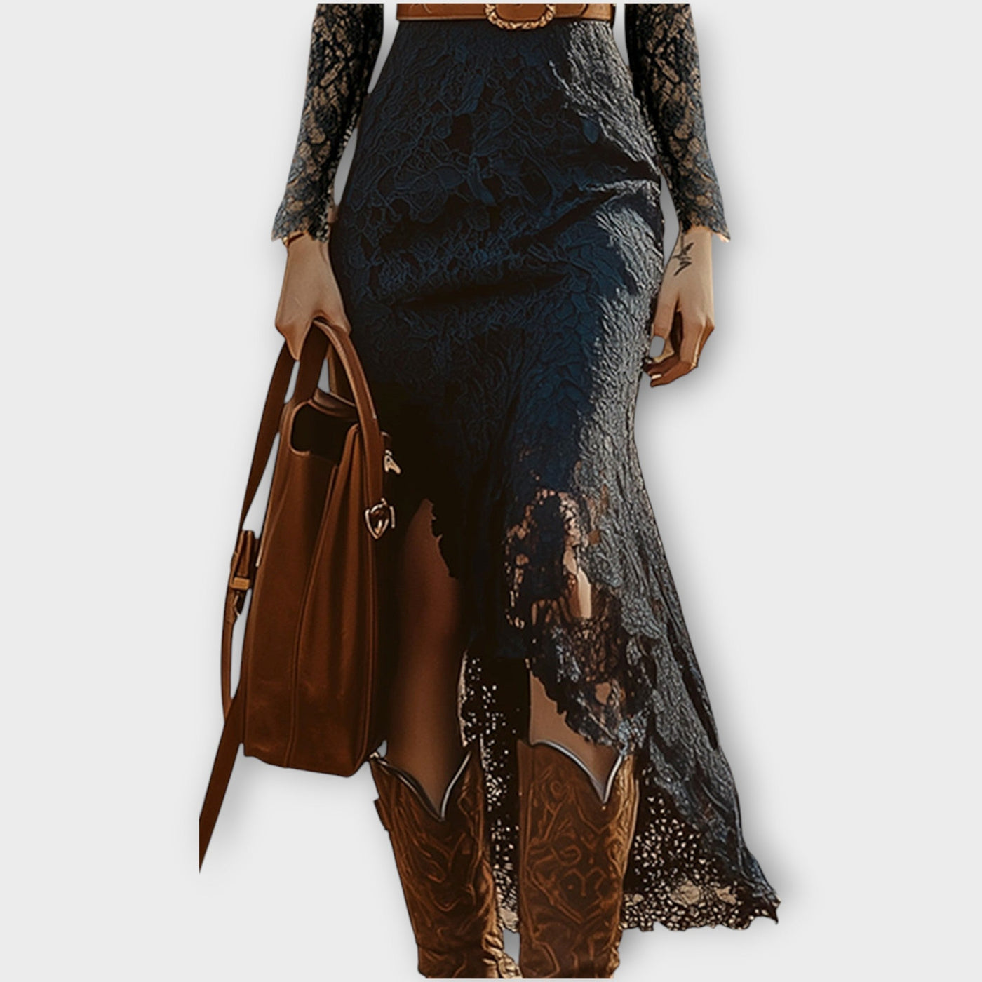 Vintage Bohém Csipke Hosszú Ujjú Midi Ruha