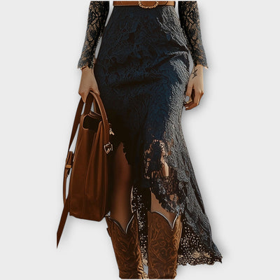 Vintage Bohém Csipke Hosszú Ujjú Midi Ruha