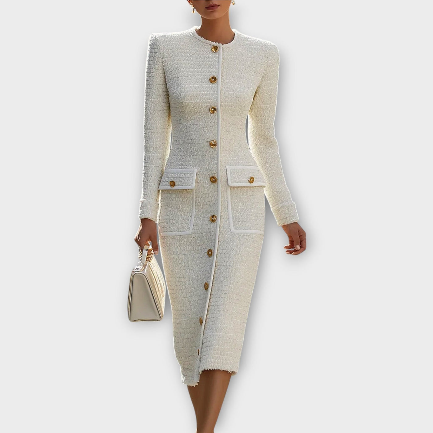 Elegáns Gombos Elülső Tweed Midi Ruha