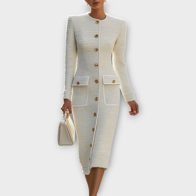 Elegáns Gombos Elülső Tweed Midi Ruha