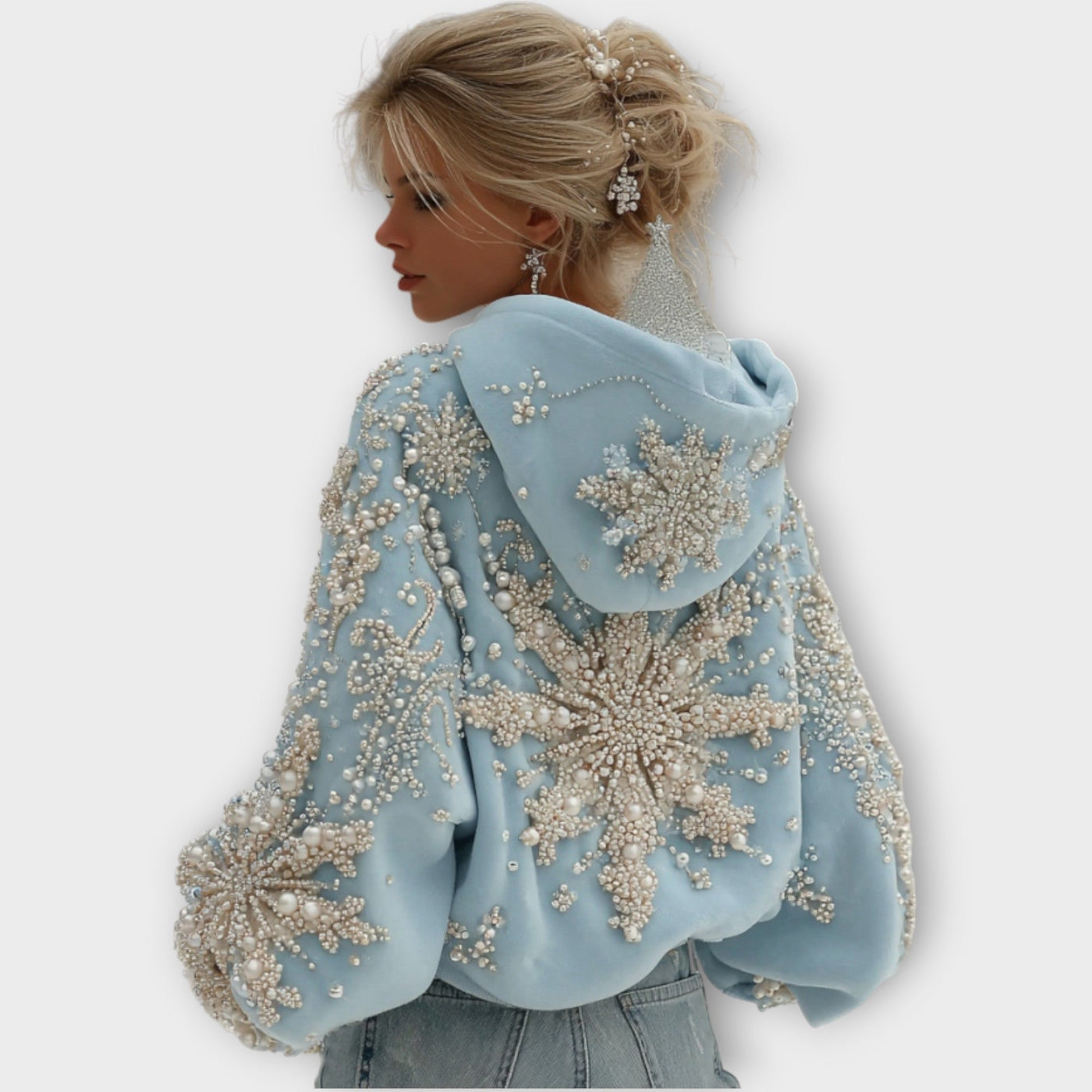 Kézzel Díszített Ünnepi Gyöngyház Kapucnis Pulóver