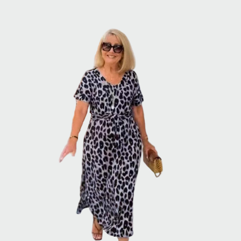 Leopárdmintás Ruha Impozáns V-Alakú Nyakkivágással