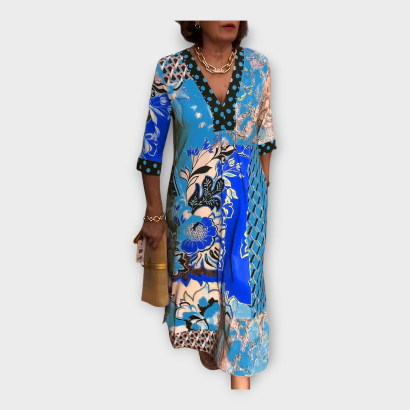 Többszínű Ruha Gombokkal és 3/4-es Ujjakkal