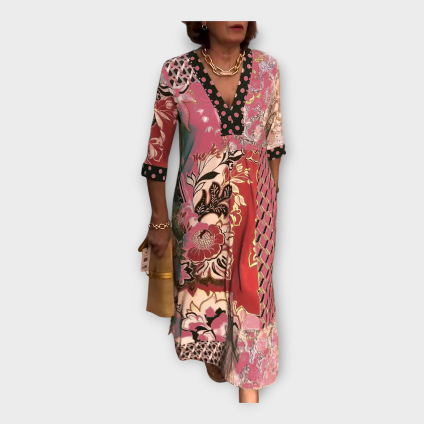 Többszínű Ruha Gombokkal és 3/4-es Ujjakkal