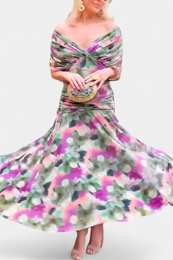 Hosszú Virágmintás Ruha V-kivágással és Romantikus Eleganciával